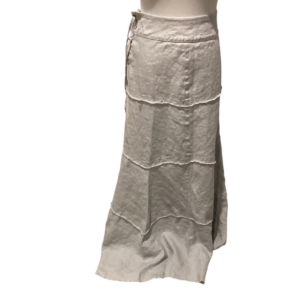 Cabi Gray Linen Tiered Maxi Skirt Lace Up Side‎ Raw Edge Boho Womens Medium